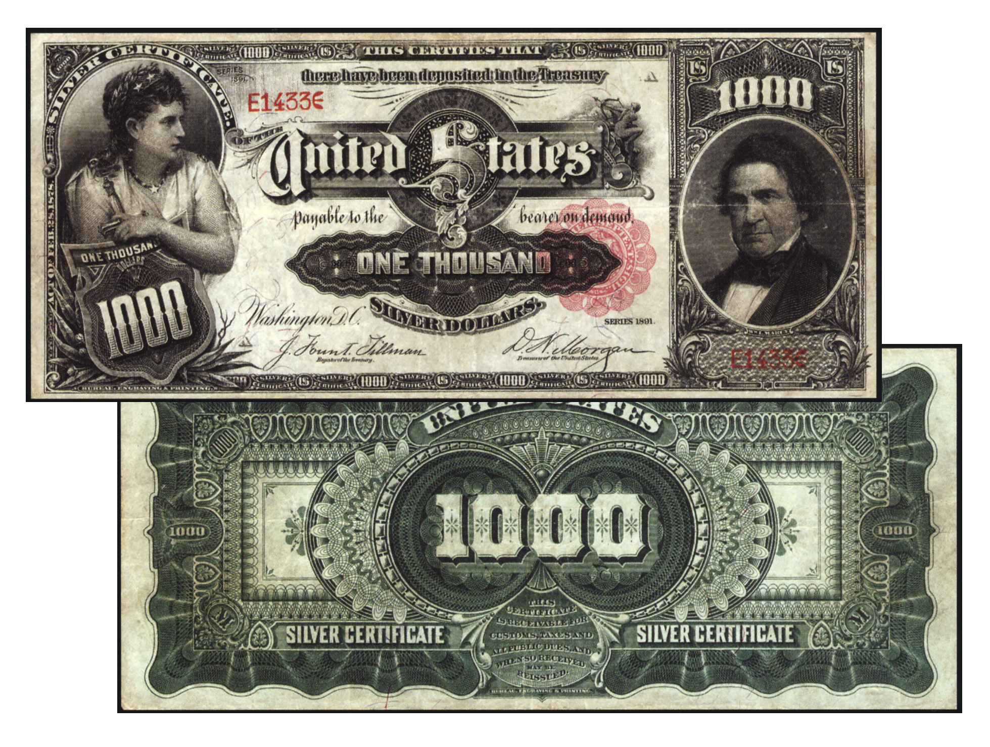 最受瞩目的拍品是1891年发行,面额1000美元,印有前任美国国务卿