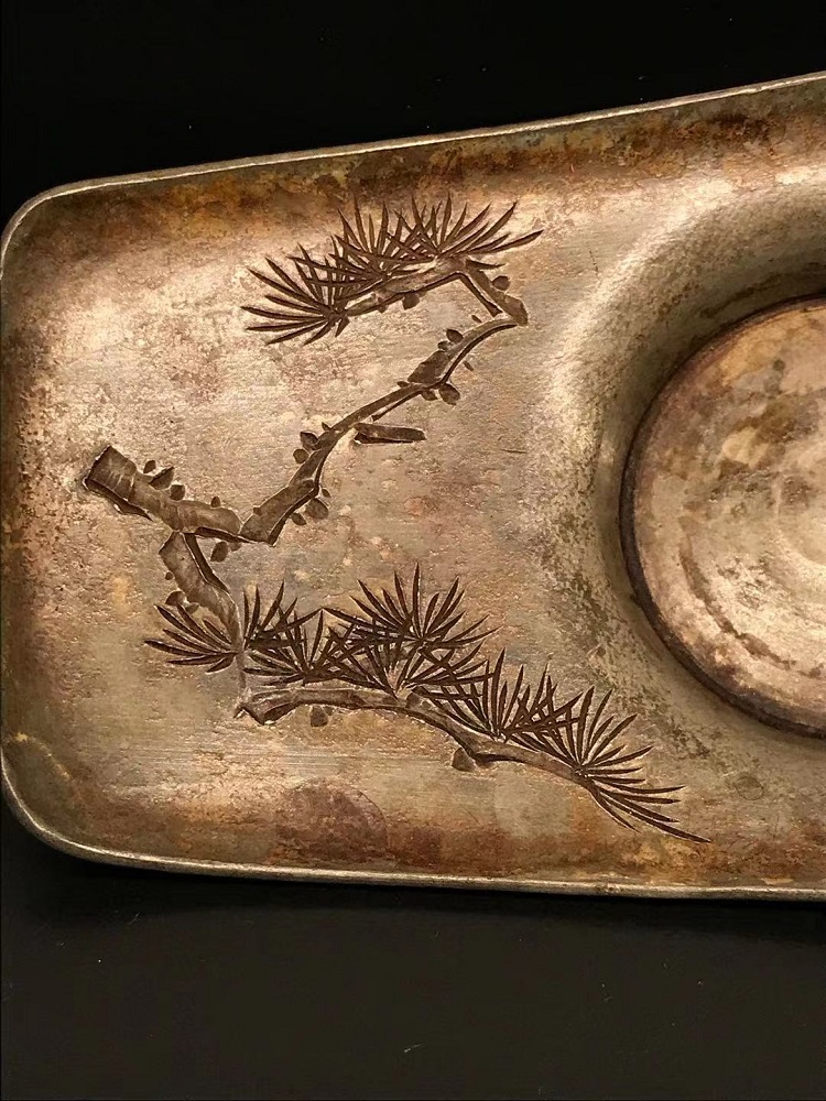 【寂】蔵出時代 錫製 薩摩錫光陽堂 金工細工『花唐草文』茶托 五客セット☆総重約517g / 煎茶道具☆時代物☆■  日本古美術海棠式古錫茶托5客京都清課堂造天然薌沉香檀香茶器香道具
